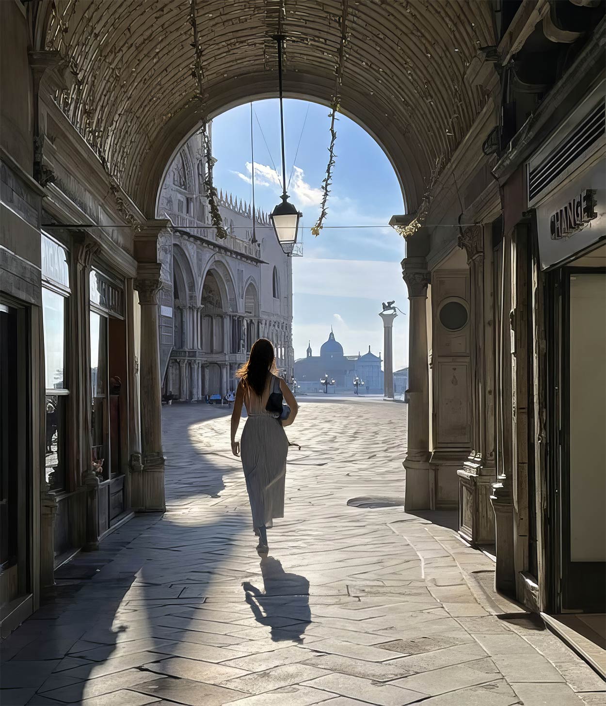 Betreten des Markusplatzes von unterhalb des Uhrturms